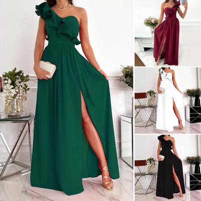 Lady Evening Dress One Shoulder Sleeveless Split Hem Solid Color Ruffle Pleated