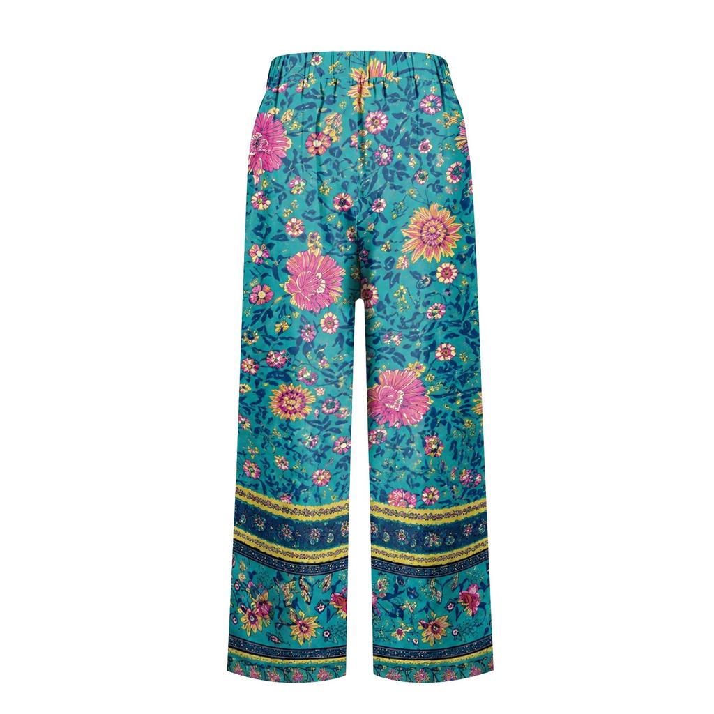 Women Capri Pants Casual Tropical Floral Print Elastic High Waist Drawstring Loose Fit Summer Beach Cropped Trousers