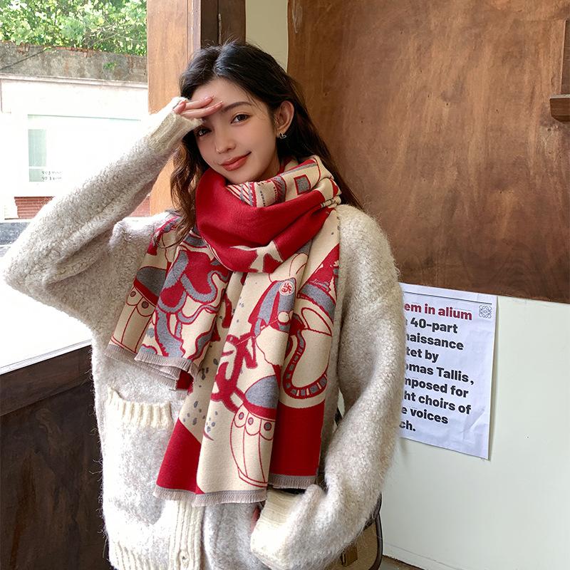 Winter Festive Red Imitation Cashmere Scarf for Women New Fashion Versatile Rui Rabbit Scarf Plus Velvet Warm Korean Style Shawl