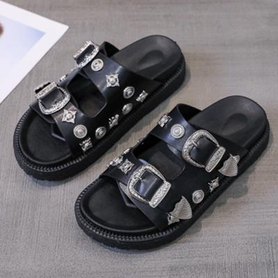 Metallschnalle Designer Haus Damen Hausschuhe Frau Orange Sandalen Damen Schuhe Niedrigen Absatz Sommer Elegante und modische Damenschuhe