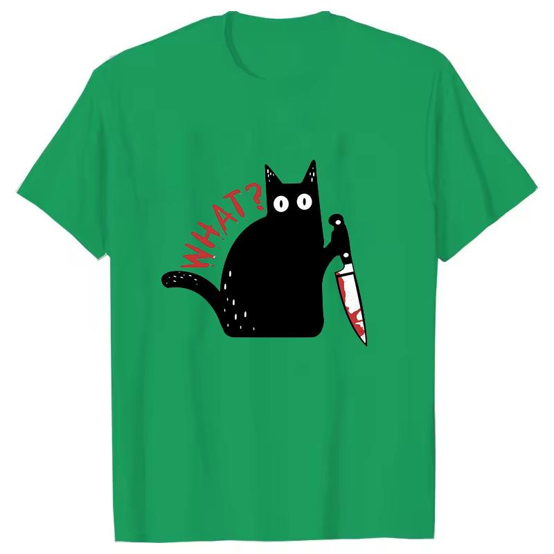 Black Cat with a Knife Rinted Tshirts Unisex Women Unisex Casual Loose Round Neck Creative Personalized Tshirts WHAT Pattern Top