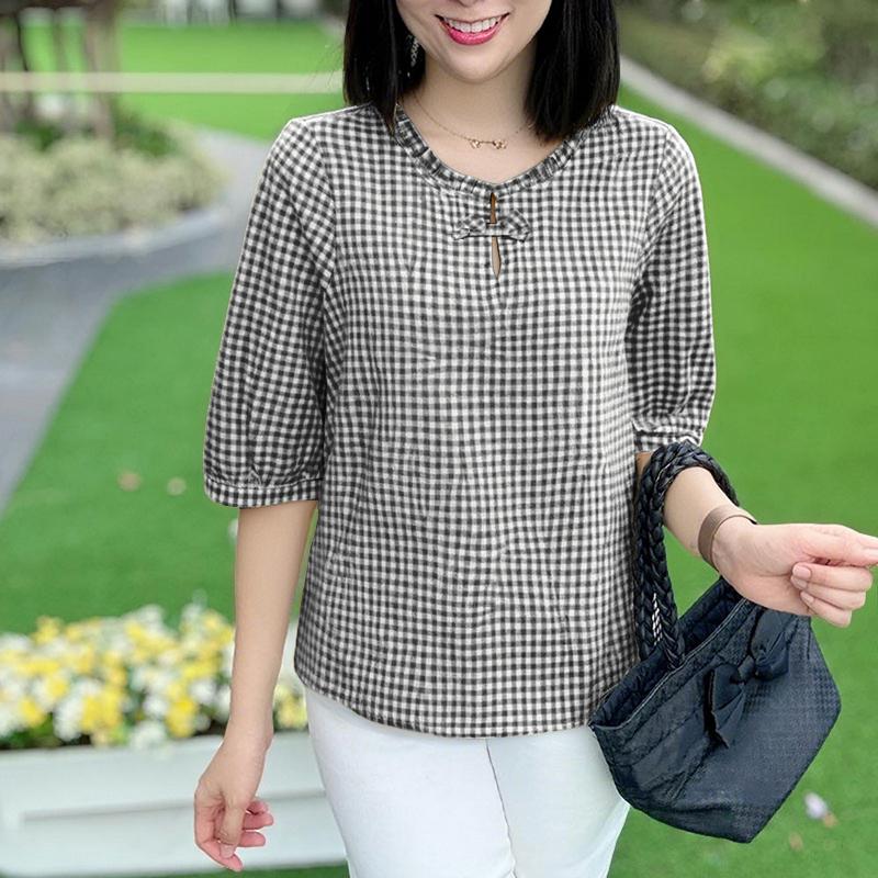 

ZANZEA Женская повседневная блузка с круглым вырезом, рукавом до локтя и клетчатым принтом 5XL