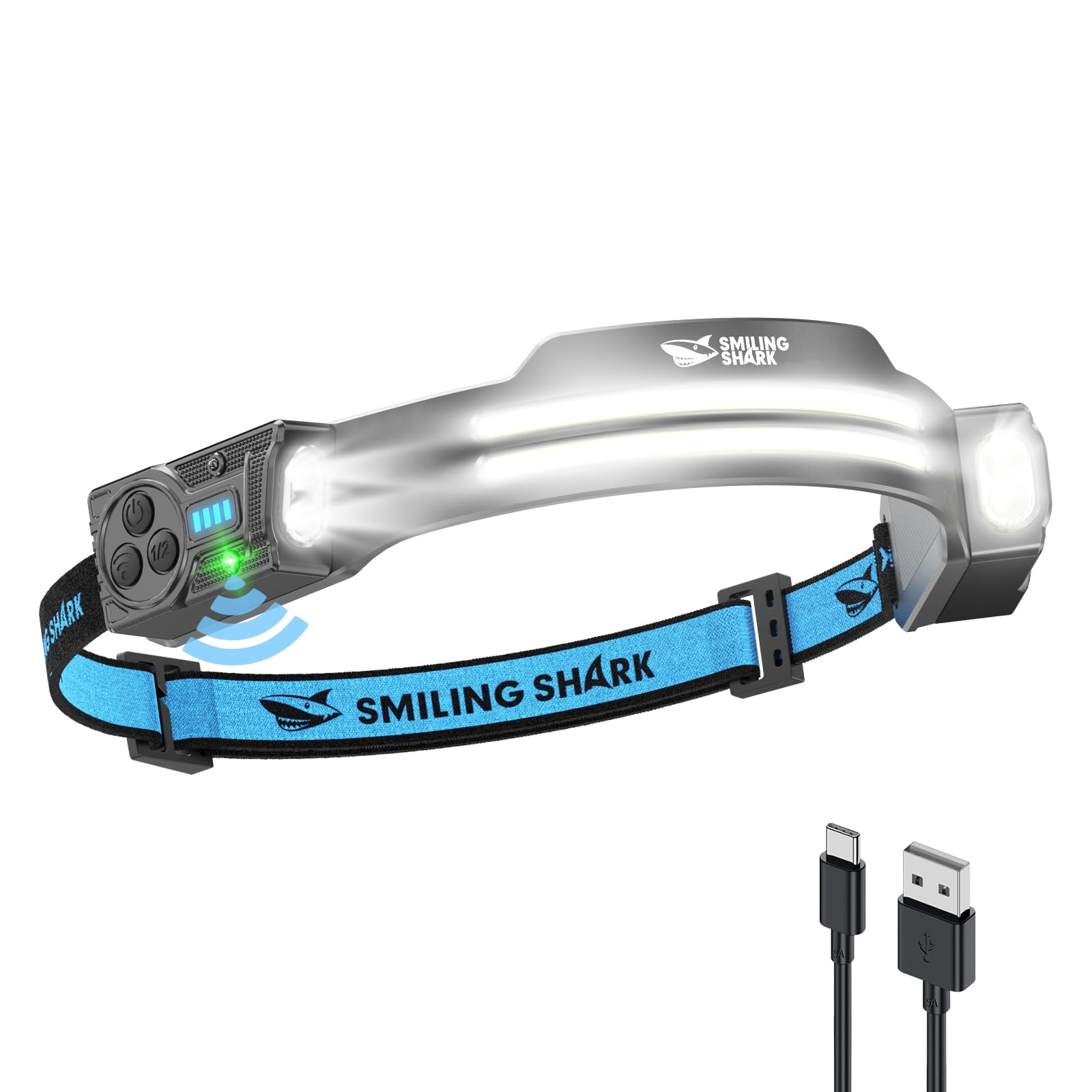 

Налобний ліхтар «Посміхнений Акула» COB, регульований, зфокусований, потужний світлодіодний налобний ліхтар з 5 режимами освітлення, регульований за рухом, 8 годин безперервної роботи, водонепроникний IPX4 та ідеальний чорний