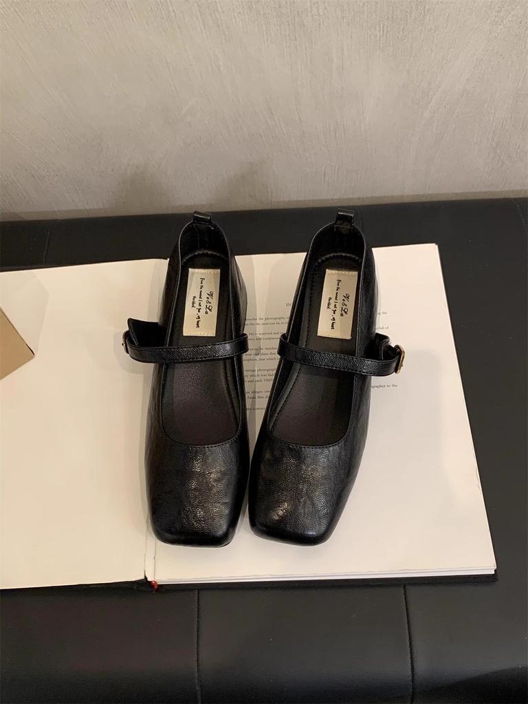 Mary Jane Small Leather Shoes French Fairy Soft Leather Spring And Autumn Square Head Shallow Mouth New Evening Breeze Thick Heel Single Shoes Women