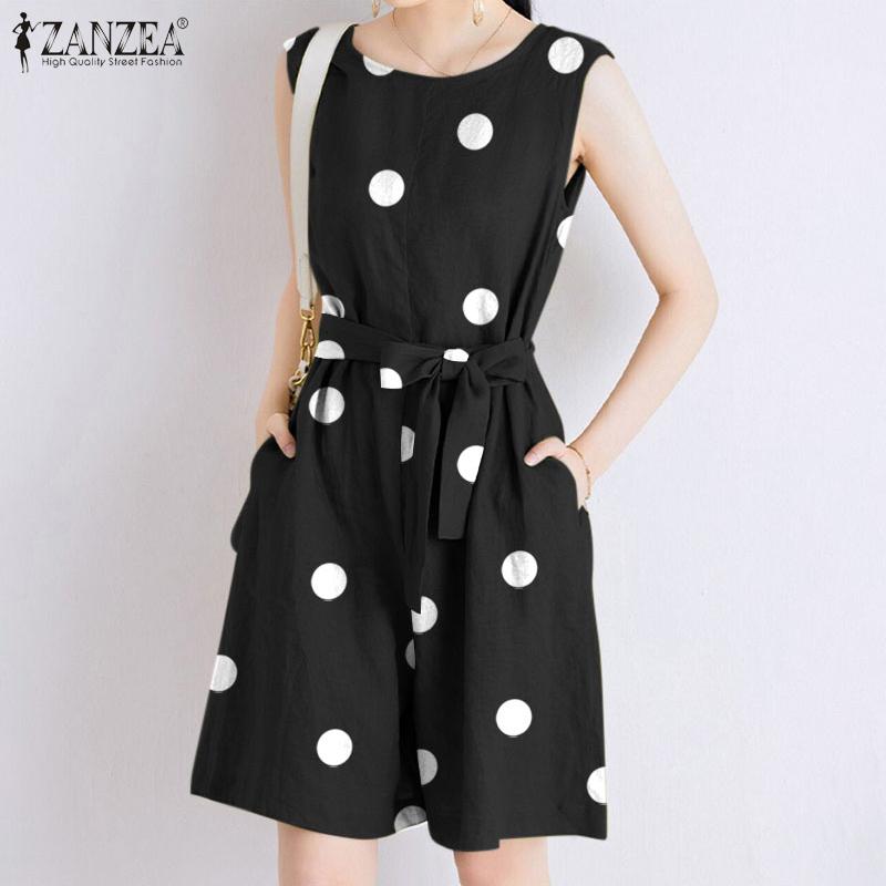 

ZANZEA Женщины Лето Без рукавов Широкие брюки Для ног Комбинезон Мода Горошек Принт Ромпер Комбинезоны