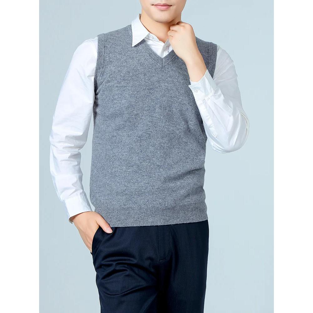 100% Merino Reine Wolle Herren V-Ausschnitt Weste Ärmellos Pullover Herbst Winter Dick Lässig Mode Gestrickt Kaschmir Pullover