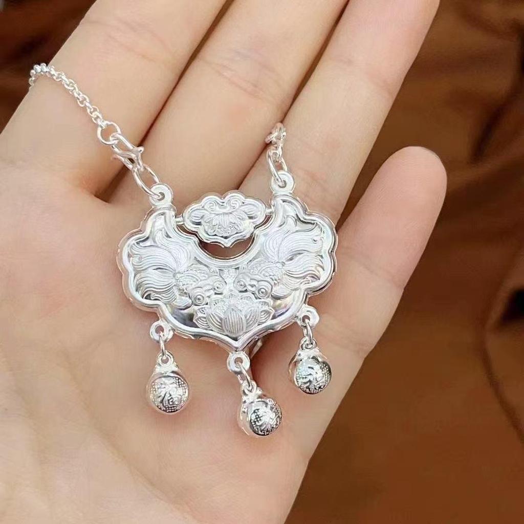 Sterling Silver Lotus Longevity Pendant: Retro Chinese Peace Lock Necklace for Women - Pure Silver Charm Gift.