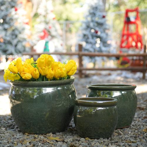 Handmade ceramic plant pot set, 3-piece (Ø 37/30/23 cm), glossy antique blue-green with speckled glaze, frost-resistant, with drainage holes