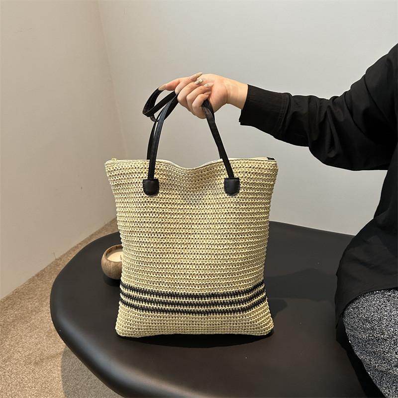 Summer Woven Tote Bag With Zipper Closure For Casual Daily Use