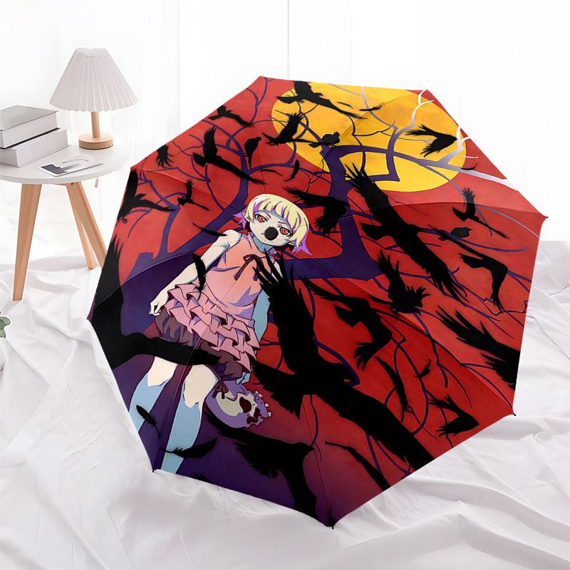 1 Stück Outdoor-Schirm mit Anime-Mädchen und Krähen-Design - Automatischer Öffnungs-/Schließschirm mit tragbarem 3-fach faltbarem Design, 8-Speichen-Eisenrahmen - Perfe