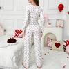 European and American Style Women's Spring and Autumn Heart Print Pajama Set Turn-Down Collar Long Sleeve Top and Long Pants 2 Piece Loungewear