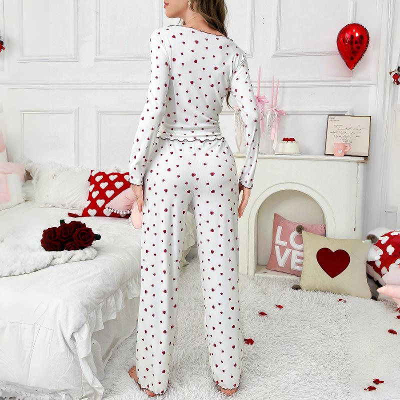 European and American Style Women's Spring and Autumn Heart Print Pajama Set Turn-Down Collar Long Sleeve Top and Long Pants 2 Piece Loungewear