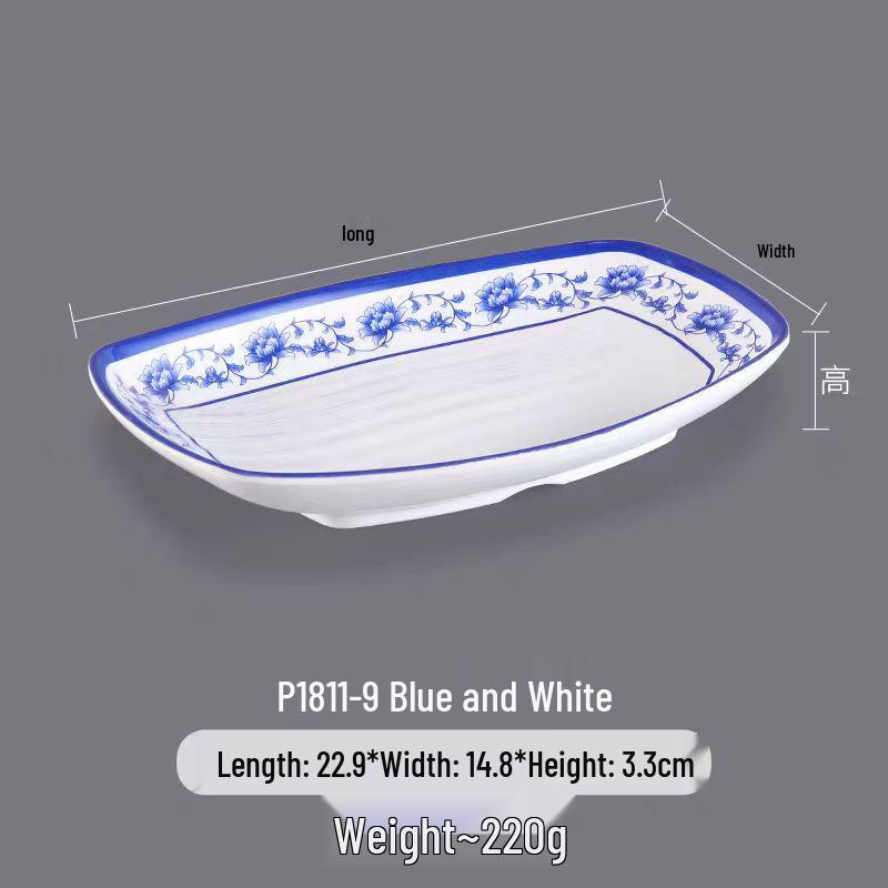 Melamine Rectangular Dinner Plate for Hot Pot, BBQ, and Cold Dishes - Porcelain-Look Restaurant Plate.