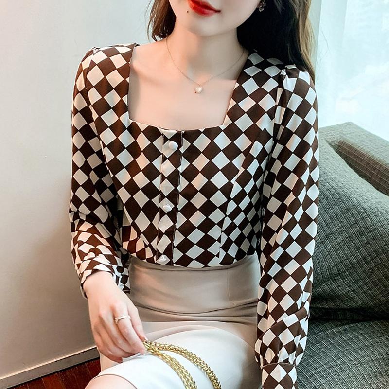 

Женские блузки, рубашки, весна 2025, женская блузка с длинным рукавом, квадратный воротник, черная шифоновая блузка, женские топы J588 2XL кофейный