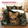 Bengal Cat and Grassland Pattern Bedding Home Decoration Birthday Gift (1 * Duvet Cover + 2 * Pillowcase, Without Core)