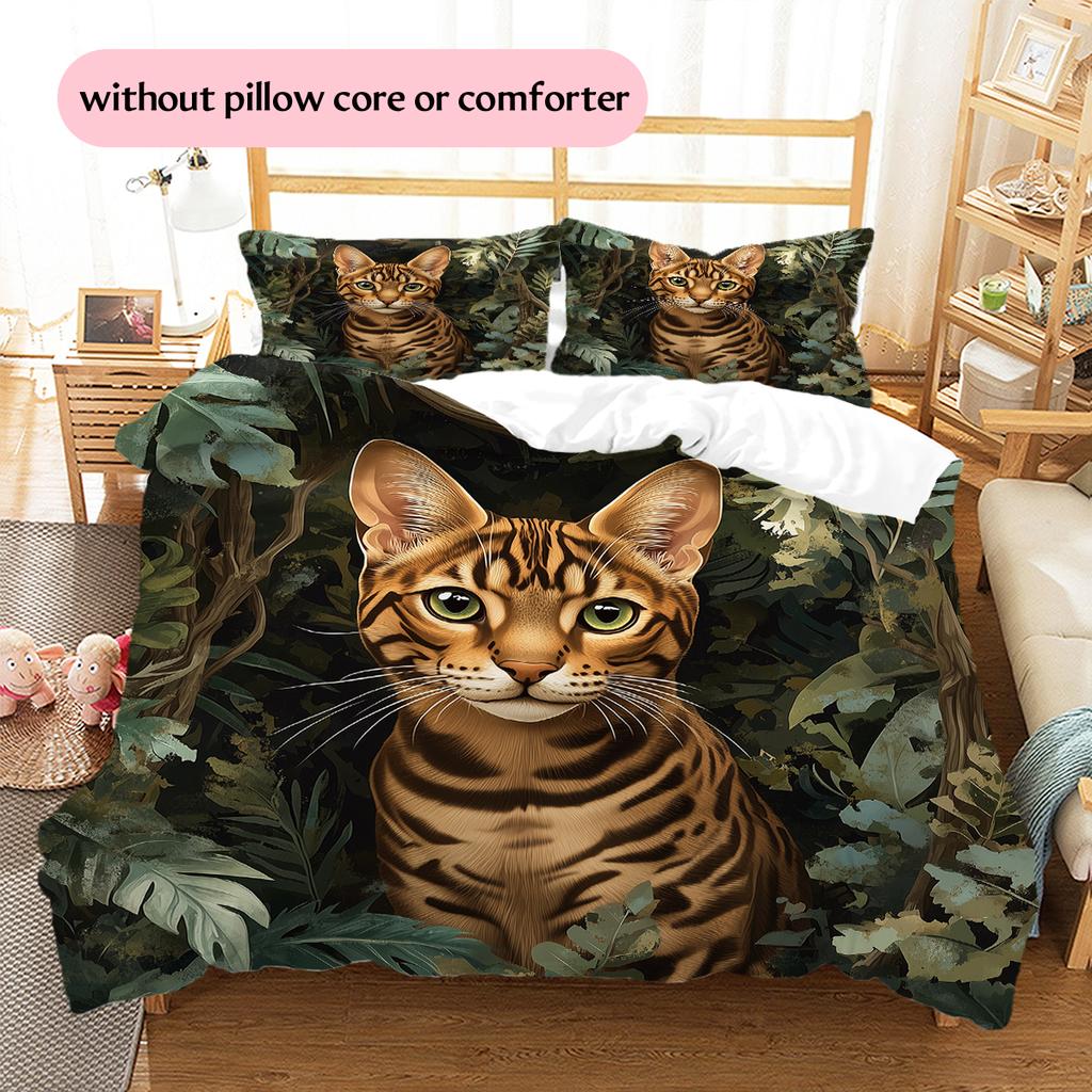 Bengal Cat and Grassland Pattern Bedding Home Decoration Birthday Gift (1 * Duvet Cover + 2 * Pillowcase, Without Core)