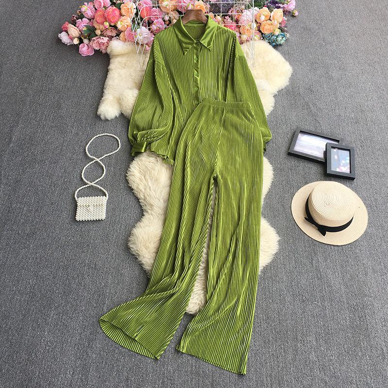 

Women s Cross-Border Fashion Set: Loose Pleated Shirt & High-Waisted Wide-Leg Pants One Size