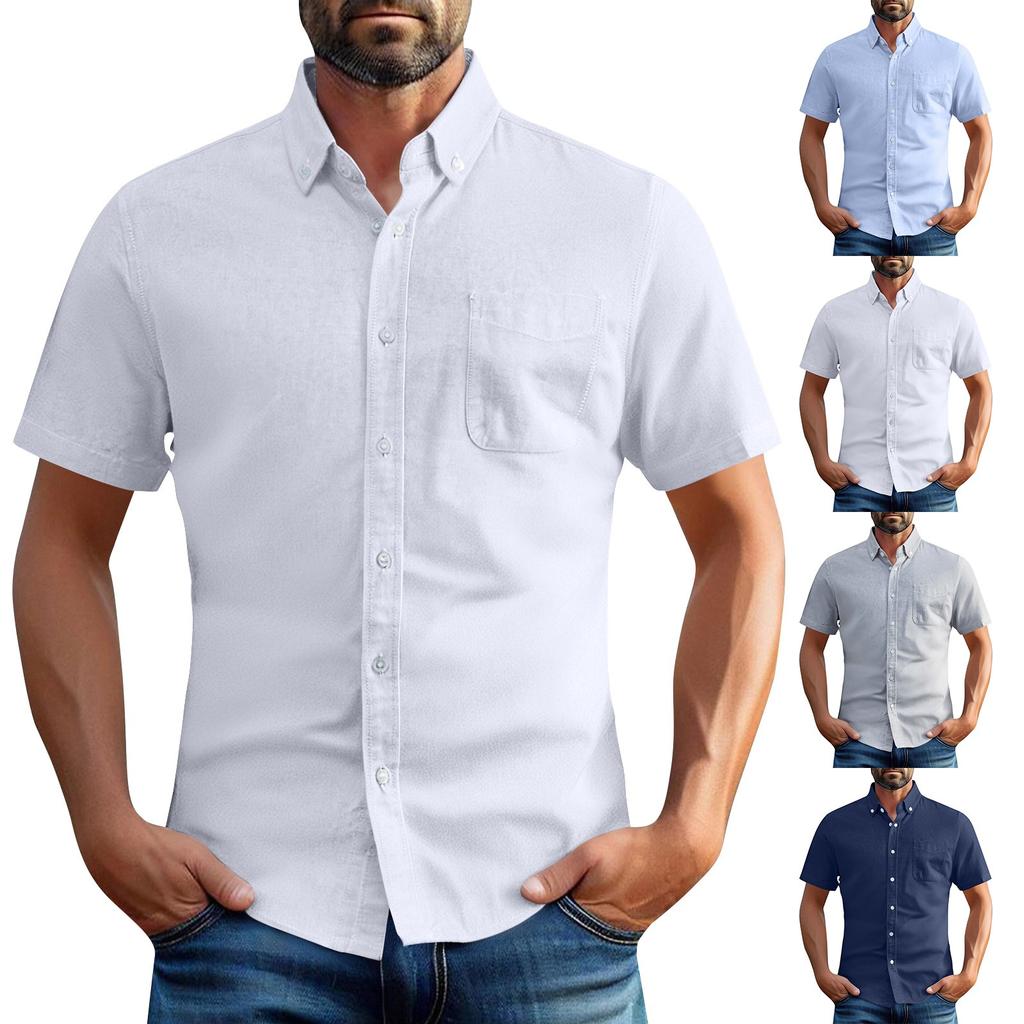 Men's Summer Oxford Cotton High-Quality Solid Color Short-Sleeved Shirt