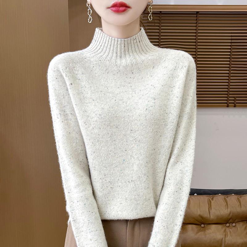 Women's Polka Dot Wool Sweater - Thick, Loose-Fit, Half-High Collar for Autumn and Winter Elegance