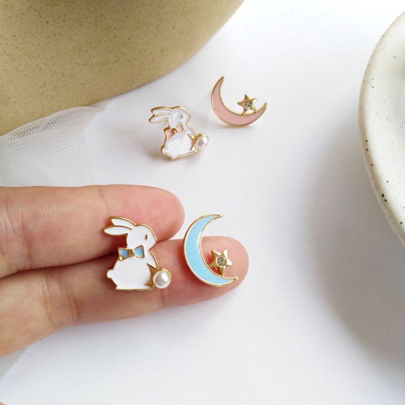 New Fashion Moon Rabbit Pearl Small Stud Earrings for Women Cute Animal Cat Moon Asymmetrical Earring Party Jewelry Gifts
