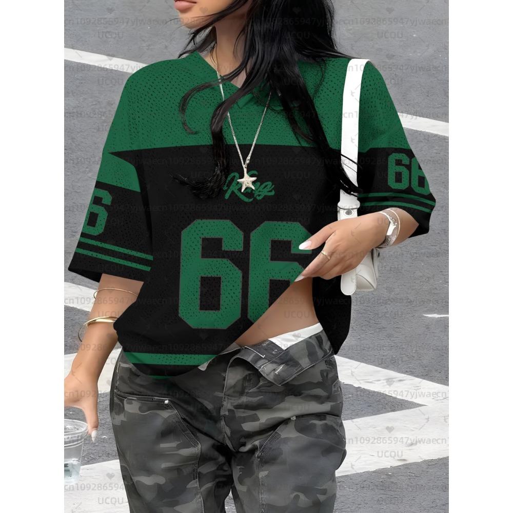 Women's King No.66 Print V-Neck Short Sleeve T-Shirt Summer Graphic Tee Hole Mesh Jerseys Plus Size Sport T-Shirt