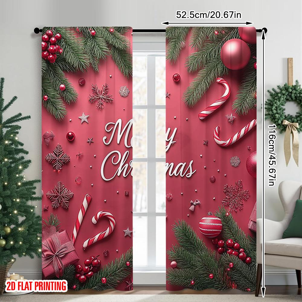 2pcs 2D flat printing Christmas Curtain Christmas candy cane Versatile Polyester Fabric Without Electricity Festive Holiday for