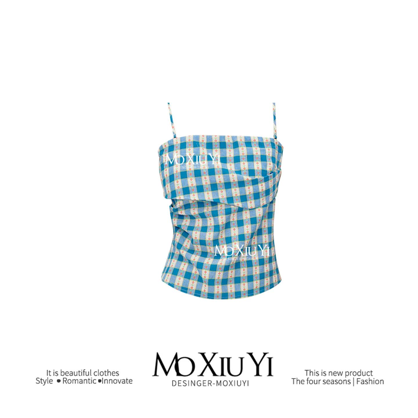 

Moxi Retro Blue and White Plaid Cami 2025 Summer Holiday Style Slim fit Slimming Tube Top Top S синий/белый