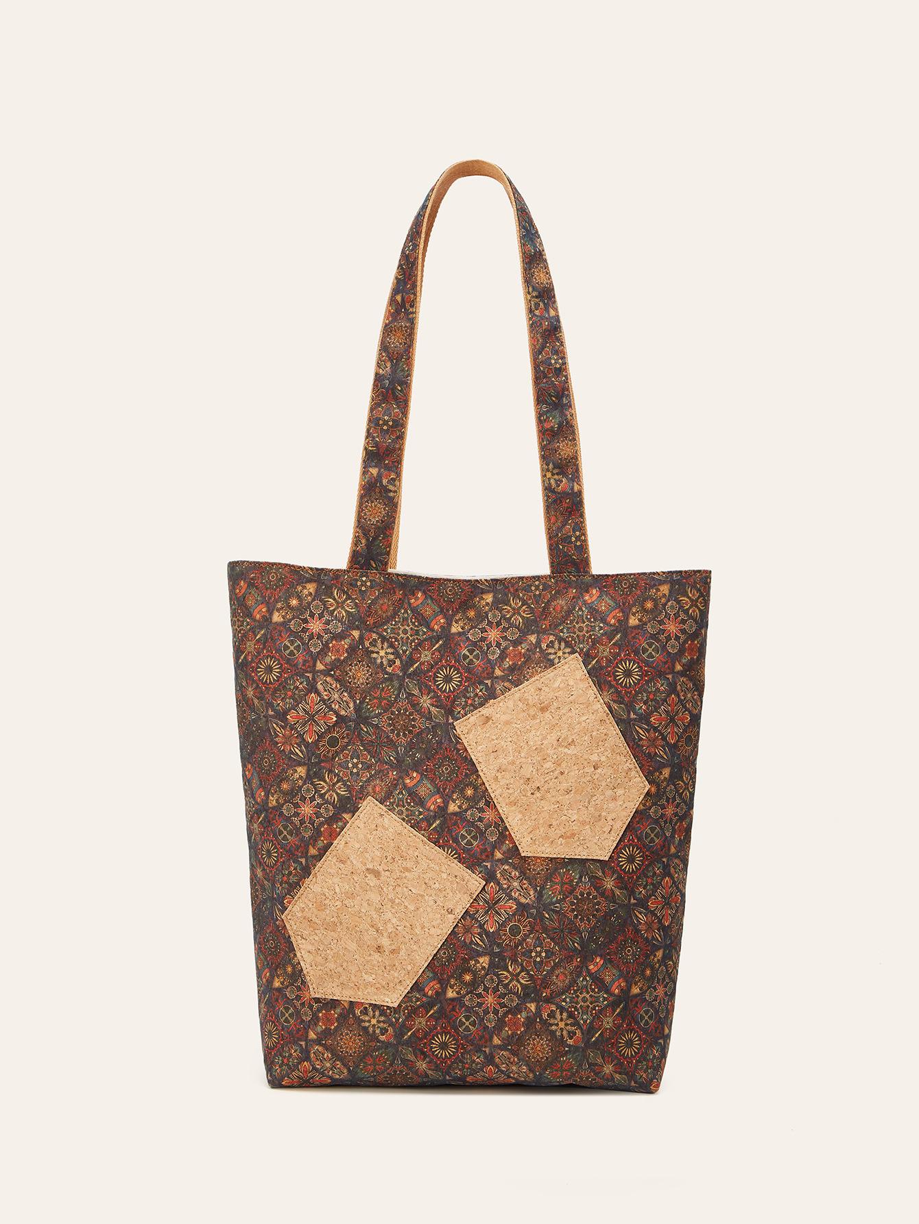 Fashion multi-element casual retro print eco-friendly cork shoulder tote bag bohemian commuter bag shopping bag темно-коричневого