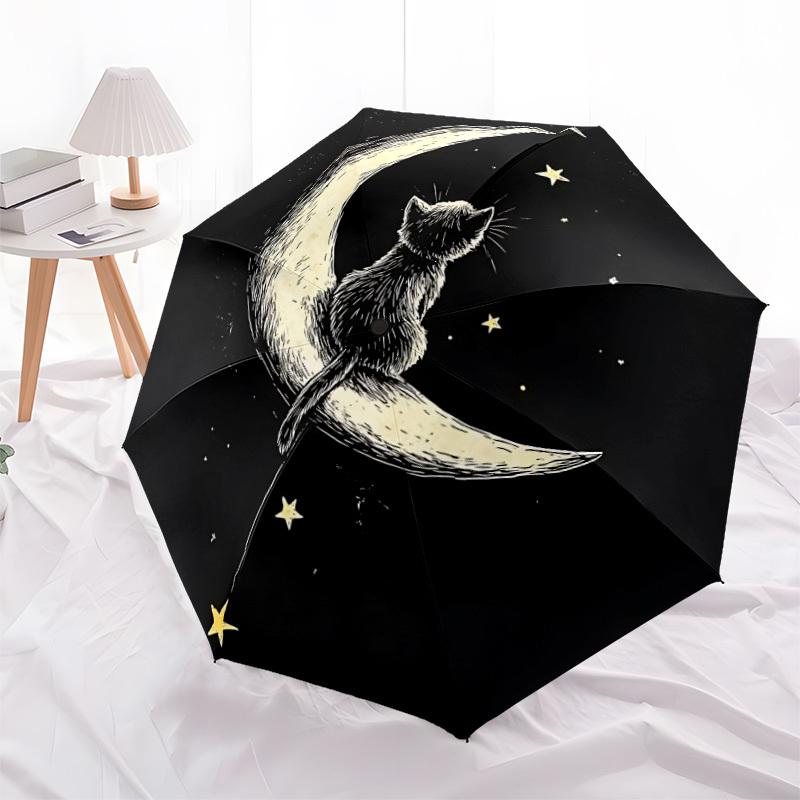 1pc Moon CatAutomatic Folding Umbrella, Portable Collapsible Design, Casual Outdoor Accessory, for All Seasons049