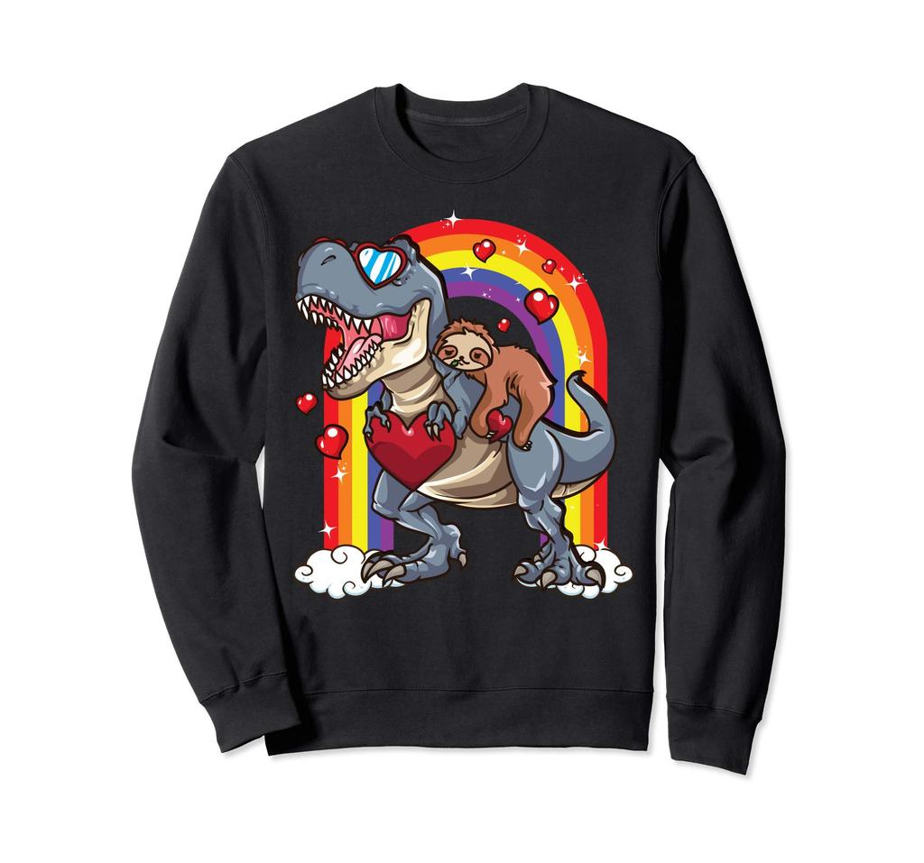 Sloth Riding T-Rex Valentine's Day Trex Dinosaur Rainbow Gift Sweatshirt
