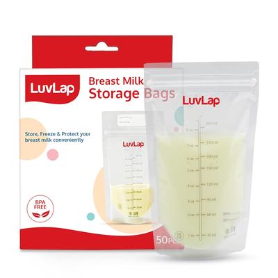 LuvLap Baby Breast Milk Storage Bags 240ml (Pack of 50) Double Zipper Seal Self Standing Leak Proof Freezer Safe Bags