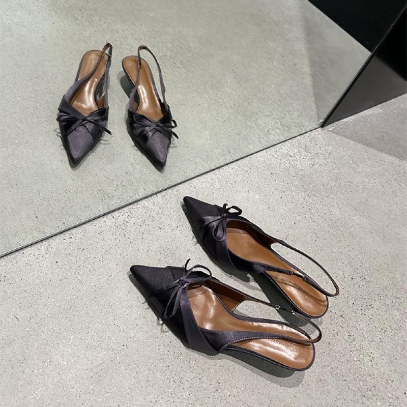 2025 new pointed middle heel shoes women's autumn pointed bow sandals low heel empty light mouth single shoes after banquet