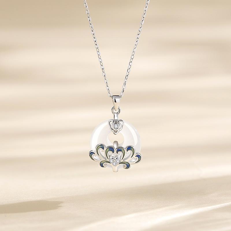 Tichiya Chrysanthemum Ping an Buckle Necklace - Women s S925 Silver Chinese-Style White Chalcedony Clavicle Chain. S925 Silver