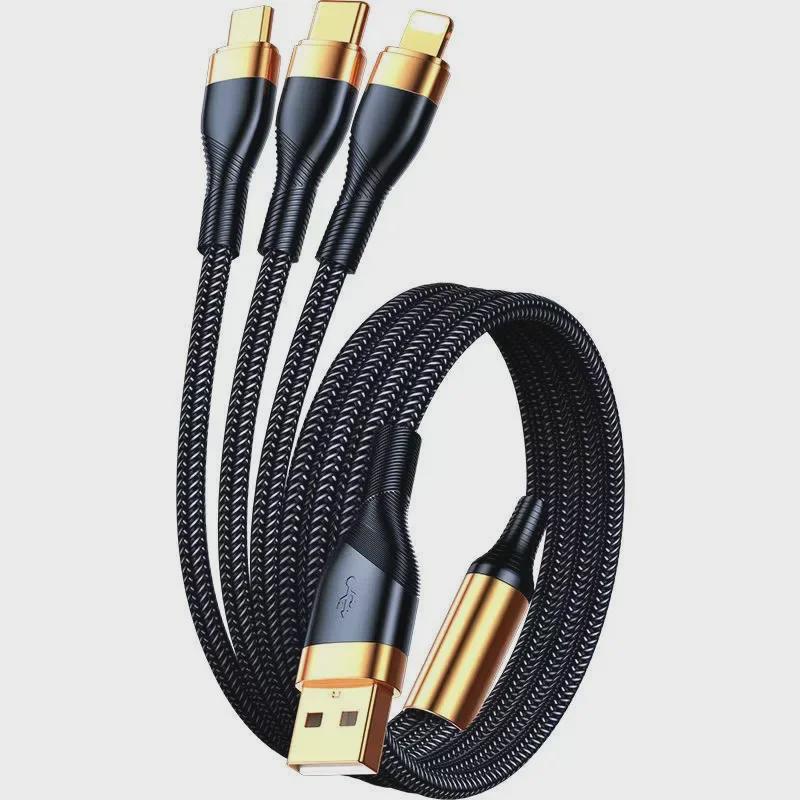 2m Gold-Plated 3-in-1 Fast Charging Cable for Apple, Android, and Type-C Devices