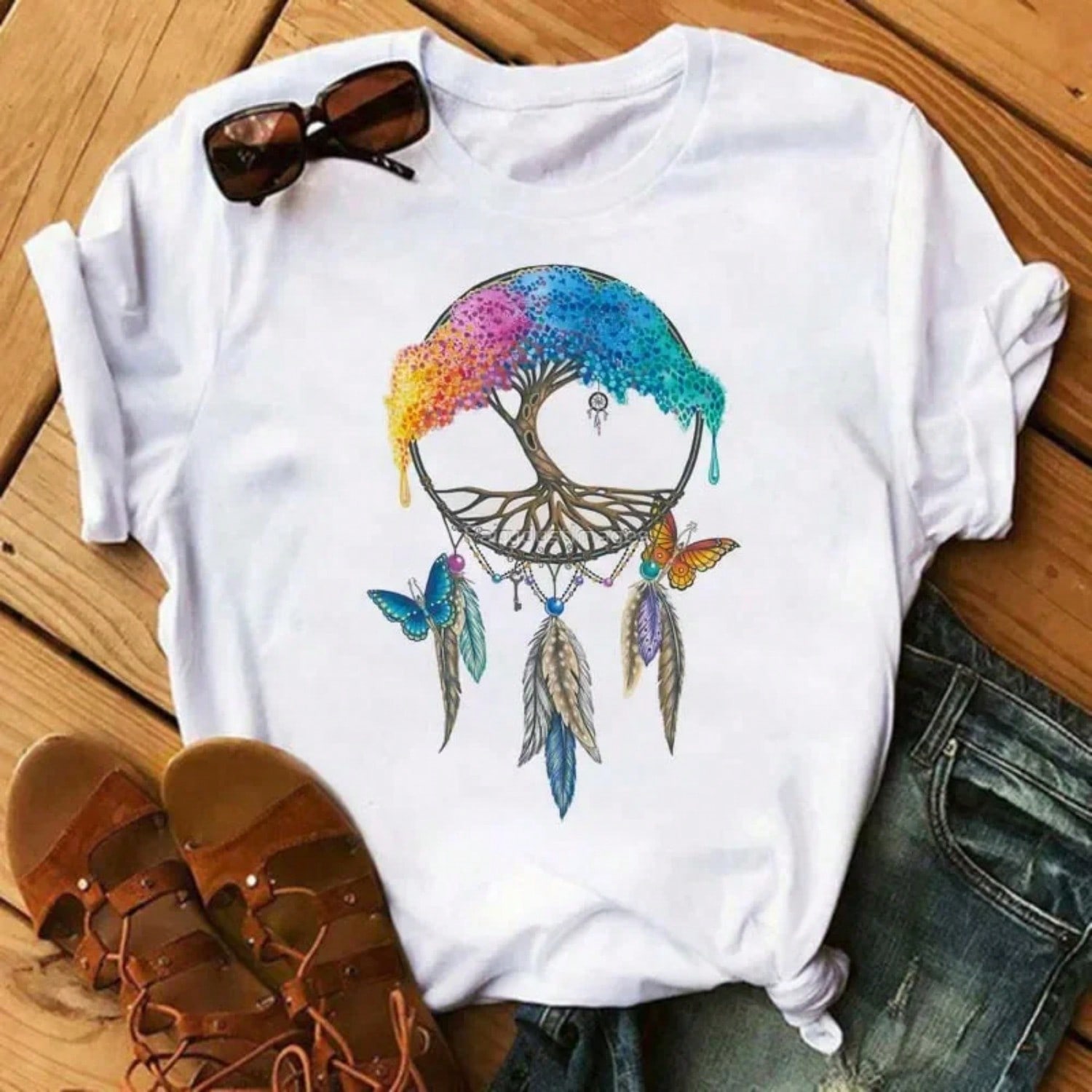 Fashion Feather Dreamcatcher T Shirt unisex Harajuku Graphic Tees Shirt Femme Dream Catcher unisex s T-Shirt Clothes Tops S разноцветный