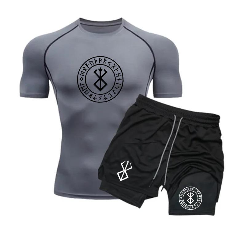 Men's Anime Double-Layer Quick-Dry Shorts & Tee Set for Outdoor Running & Fitness