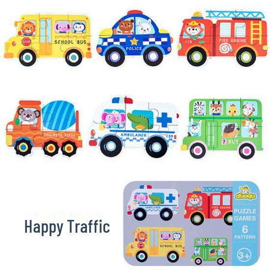 

Six-in-One Irregular Puzzle: Cartoon Animals, Dinosaurs, and Transportation for Toddlers in a Tin Box