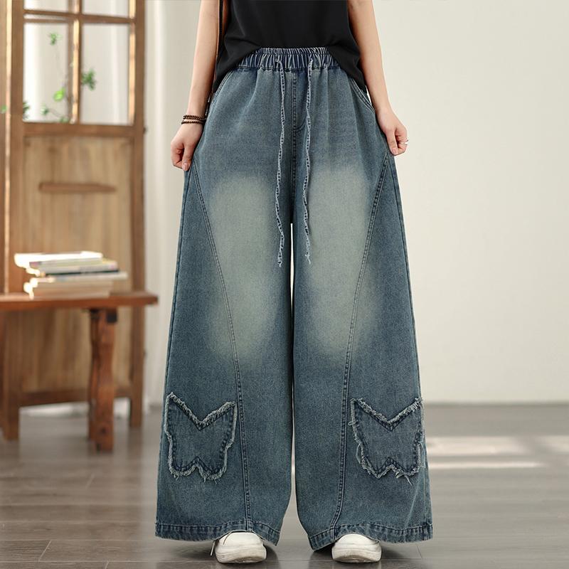 DIMANAF 2026 Summer New Plus Size Women Jeans Elastic Waist Long Pants Loose Casual Denim Cotton Trousers Blue Pants