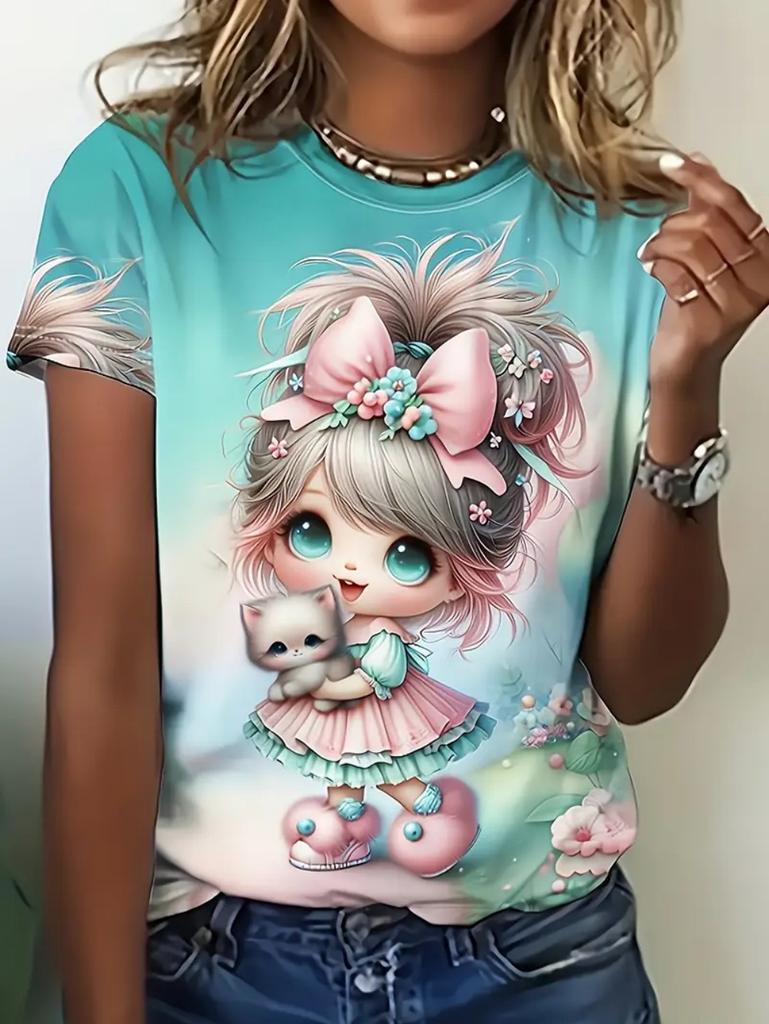 Girl Clothes Cute Cartoon Girl 3D Print Summer Casual Short Sleeve Fashion O-Neck Kids Top Trendy Streetwear Children's Clothing