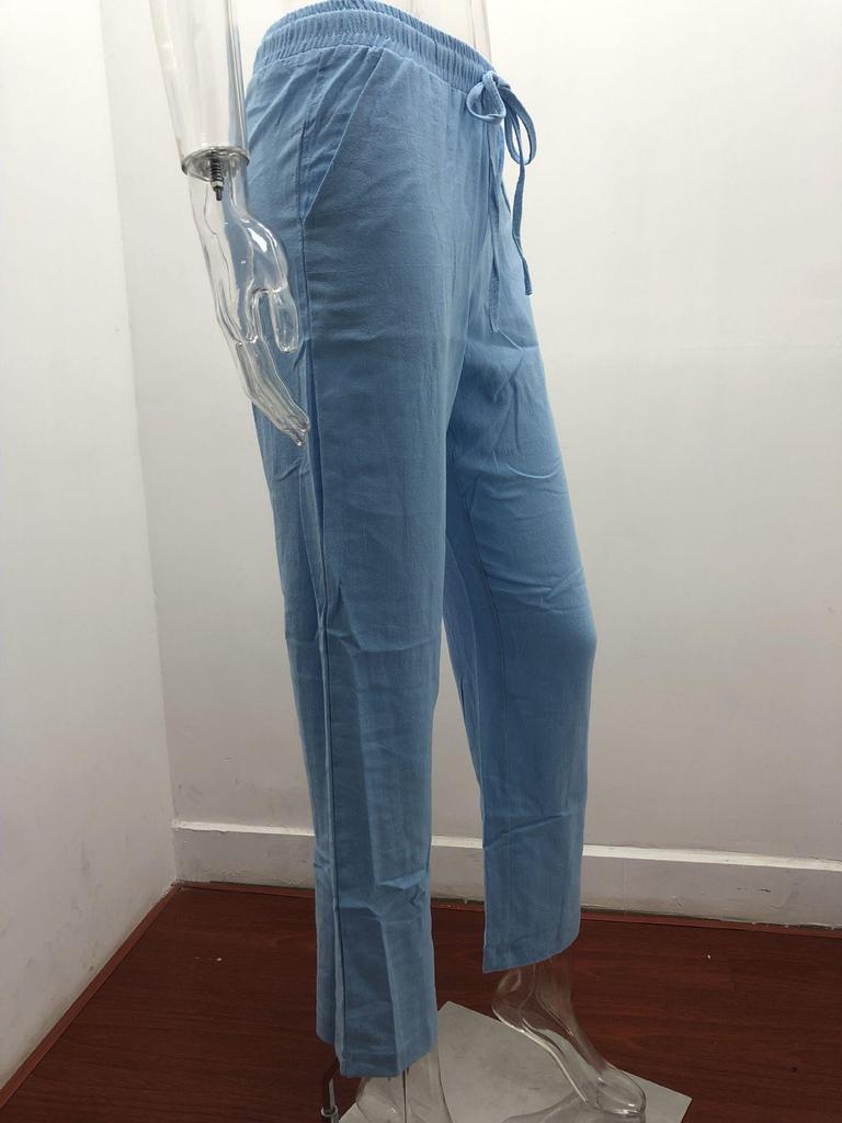 2026 Spring/Summer Women's Solid Color Cotton Linen Drawstring Wide-Leg Casual Pants