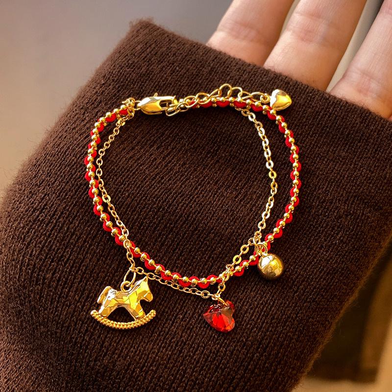 18k Gold Plated Double Layer Zircon Horse Bracelet - Elegant Chinese Style Retro Hand Jewelry