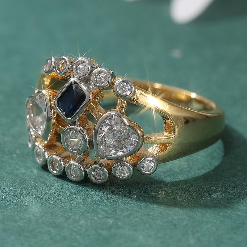 Exquisite Two Color Inlaid Blue White CZ Heart Women's Ring Geometry Daily Wear Party Jewelry