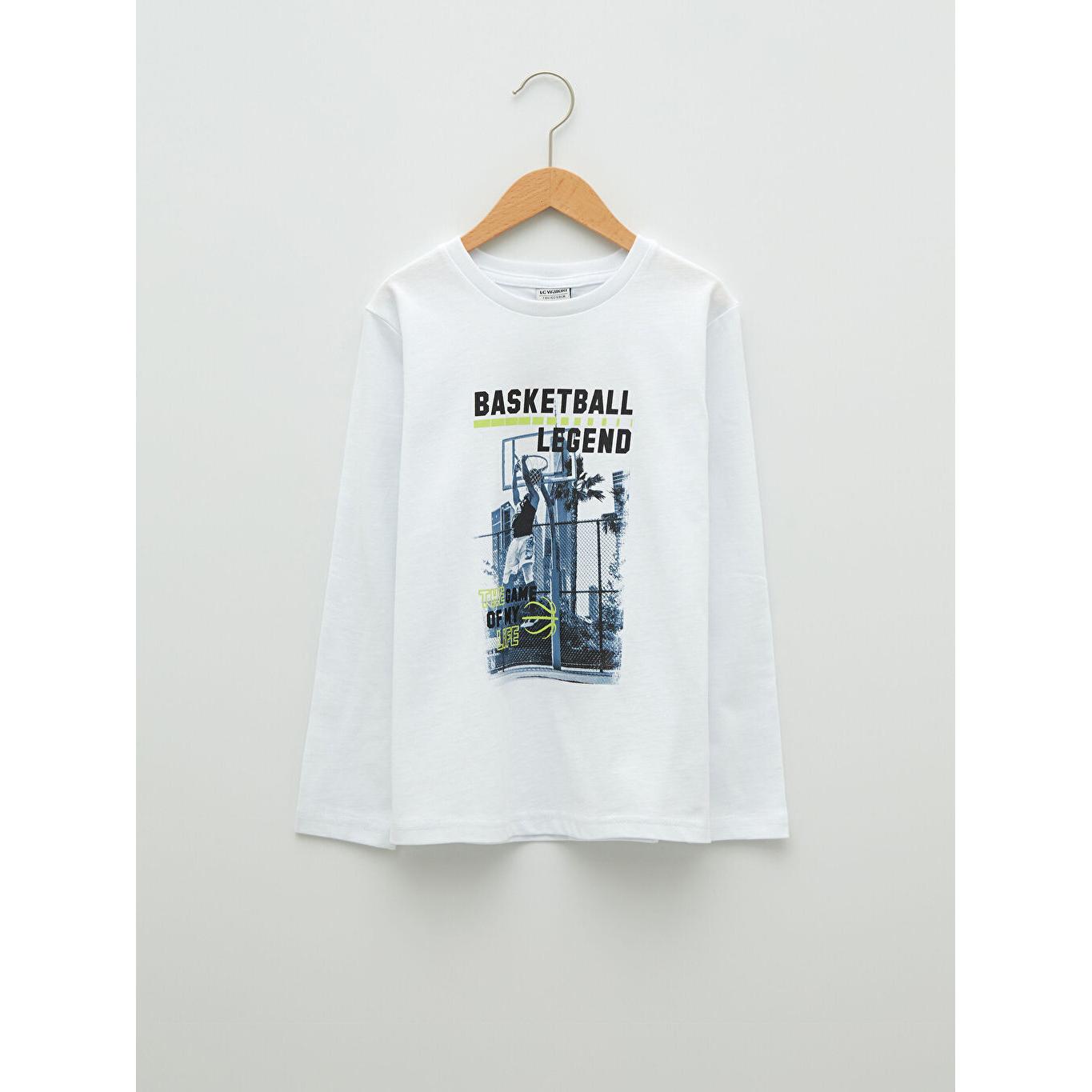 

Хлопковая футболка для мальчиков с круглым вырезом и принтом, с длинными рукавами, белая