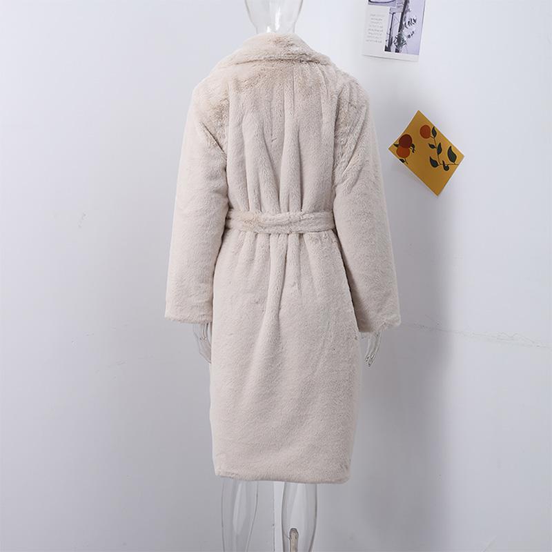 Dámský podzimní zimní zahuštěný dlouhý kabát z norkového sametu, luxusní bunda z imitace králičí kožešiny s páskem, klopami, trenčkot