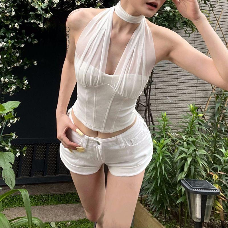 # Sisjuly# Korean Women Wear Fashionable Elegant Lady Mesh Collar Halter Spaghetti Straps Women Silm Beauty Back Vest