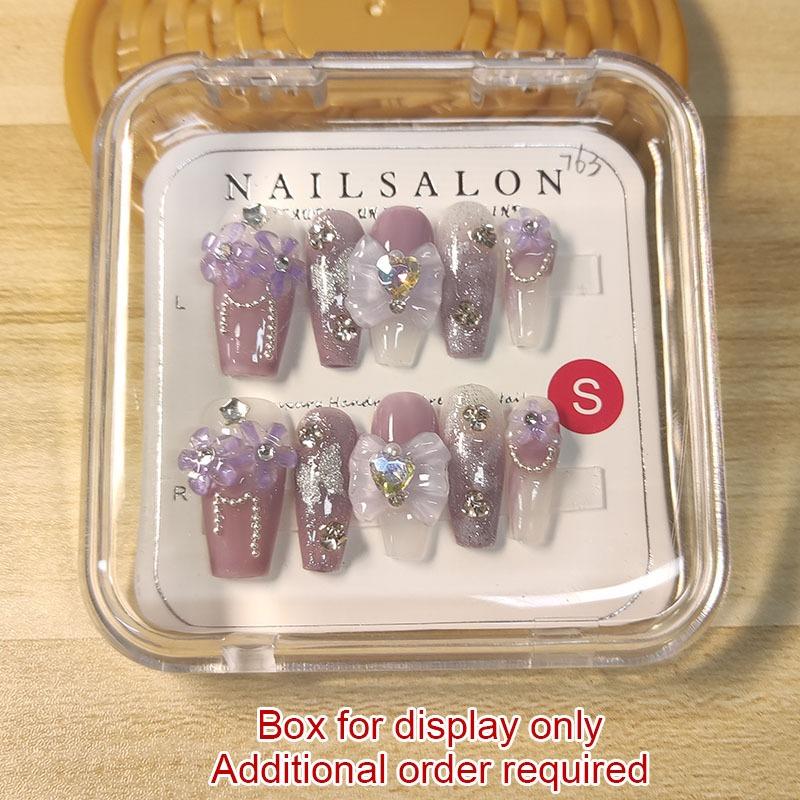 100% HANDMADE Coffin Shape Fake Nail Set With Glue Art Purple Starry Clear Iris Flower Applique Diamond Press On Nails Reusable and Removable