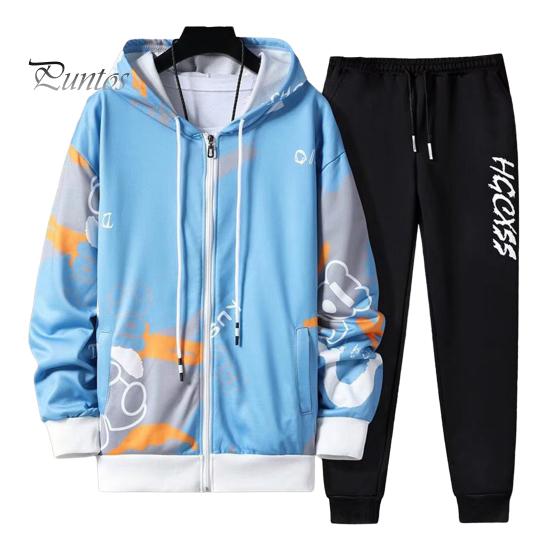 2 Pcs/Set Men Coat Pants Suit Hooded Letter Print Drawstring Zipper Closure Loose Elastic Waist Hip Hop Ankle-banded Men Sportwear