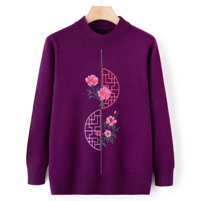 Mom Autumn Knitted Sweater Top Medium and Old Autumn and Winter Crew Neck Bottoming Shirt Grandma Pullover Sweater Elderly Clothes