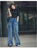 Women's High-Waisted Wide-Leg Jeans: Floor-Length, Heavy-Duty Wash, Contrasting Colors, Straight Leg, Leg-Elongating, Loose Fit, Style 3025