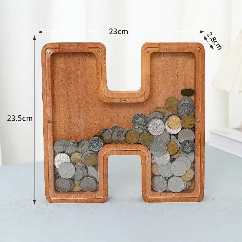 23cm Large Size Twenty-six Letter Piggy Bank Wooden Coin Money Saving Box Jar Coin Storage Box Desktop Ornament Home Decor Craft